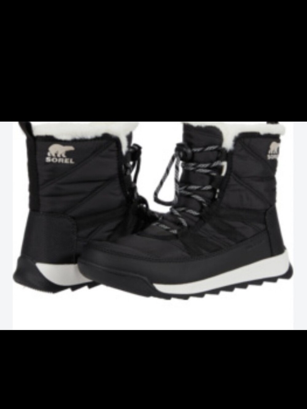 Sorel Whitney II Short Black Lace-Up Snow Boots with Faux Fur White Cuff Size 2